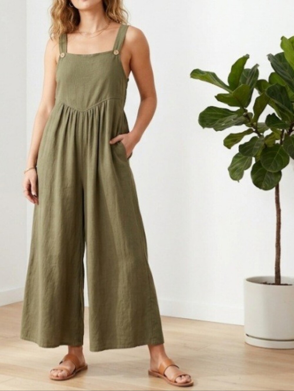 Kori Olive Green Linen Blend Wide Leg Boho Jumpsuit XL